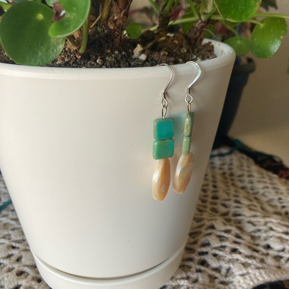 Bohemian Shell Style and Turquoise Colored Glass Earrings - Picture 3 of 5
